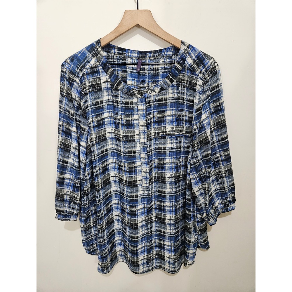 NYDJ Womens 1X Blue Plaid Henley Blouse 3/4 Sleeve Button Front Top